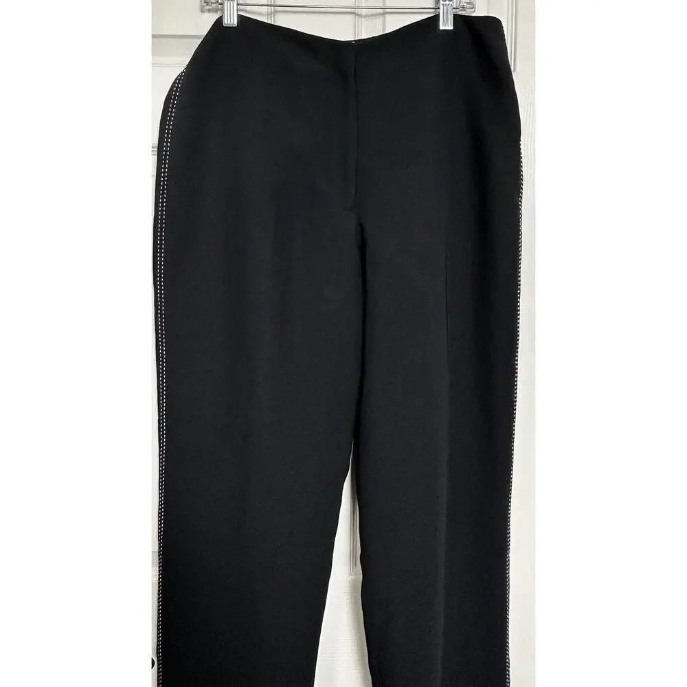 Apostrophe Women’s Black Lined Dress Pants Straight Leg Embroidered Side Size 16